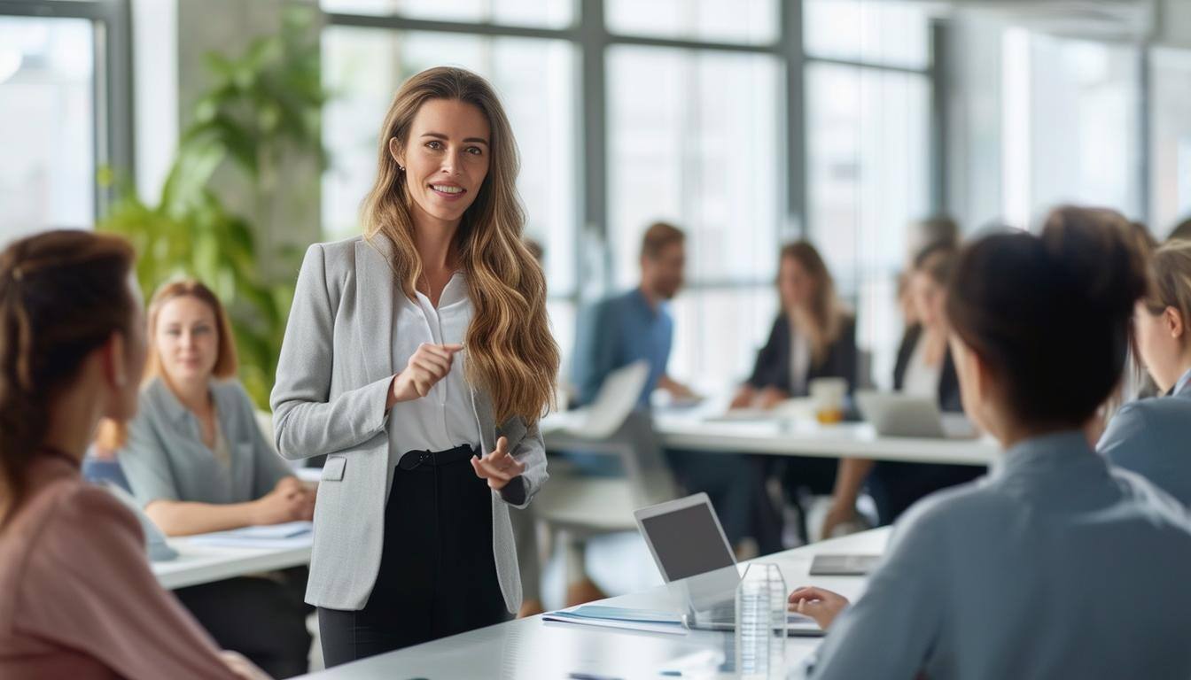 a female leader standing in a healthy, welcoming work environment with 25 colleagues in the office