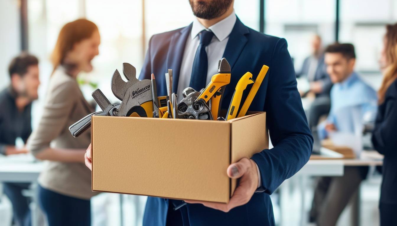a picture of a business professional holding a box full of tools and services that can be offered to make an organization or team perform better
